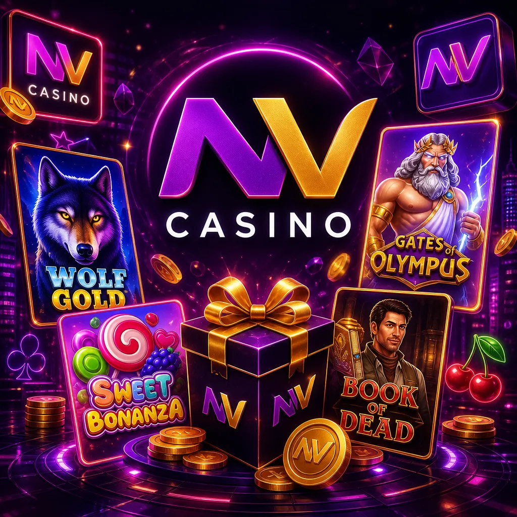 NV Casino promo image with official logo, purple-magenta neon glow, gold accents and iGaming theme.